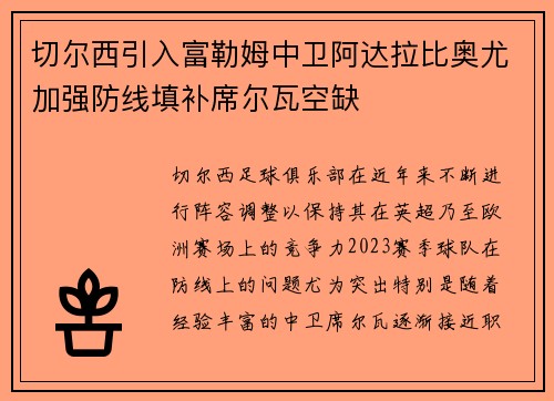 切尔西引入富勒姆中卫阿达拉比奥尤加强防线填补席尔瓦空缺 切尔西引入富勒姆中卫阿达拉比奥尤加强防线填补席尔瓦空缺